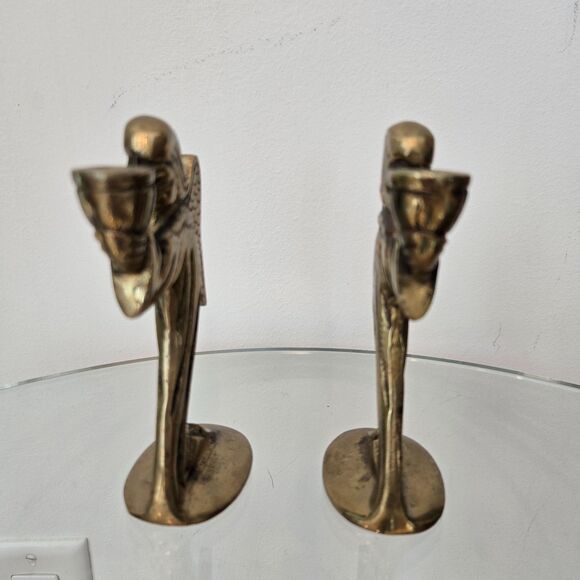 Vtg Solid Brass Set of 2 Kneeling Angel Candle Holders 5" - Small taper candles - Picture 3 of 6